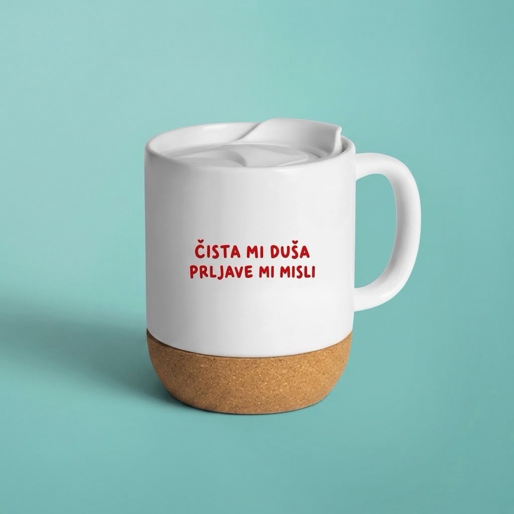 Bela šoljica sa poklopcem i plutanom osnovom, crveni natpis Čista mi duša prljave mi misli